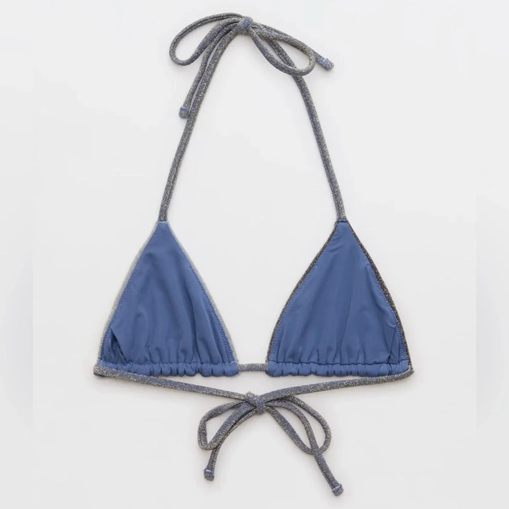NWT Aerie Sparkle String Triangle Bikini Top in Blue Gold - Size XXL